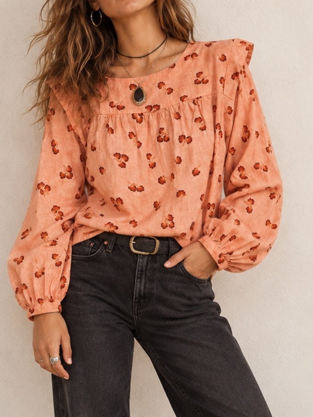 Peach Orange Floral 100% Cotton Babydoll Flutter Sleeve Blouse Large